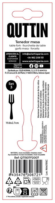 Inde Set 3 Tenedores de Mesa Sofia 2 mm 19.8x2.7 cm (12 Cajas)