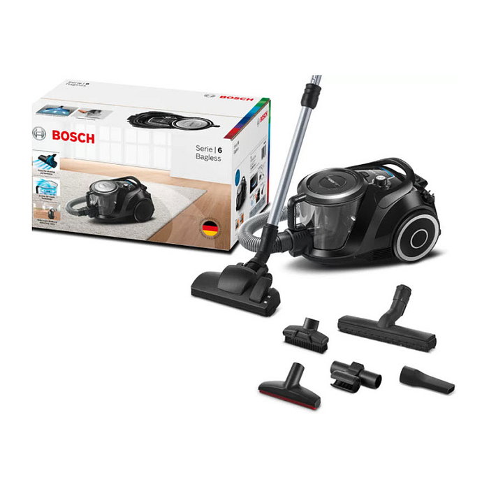 Bosch BGC41XSIL Aspiradora Cilíndrica sin Bolsa Serie 6, 700W, 2.4L, Filtro EPA, para Alfombra, Suelo Duro y Tapicería