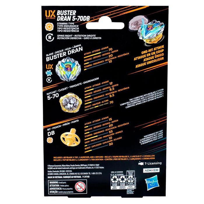 Hasbro Beyblade X Buster Dran 5-70DB G1751 Top Metal con Lanzador, Tipo Ataque y Resistencia, Edad +8 Años