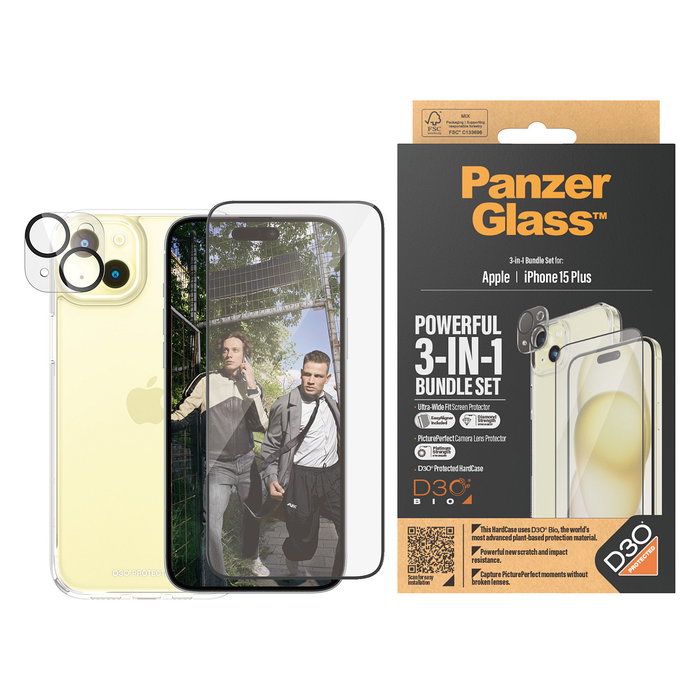 PanzerGlass Protector de Pantalla Vidrio Templado 9H para iPhone 15 Plus - Kit 3 en 1 con Aplicación en Seco, Resistente a Golpes y Anti-huellas