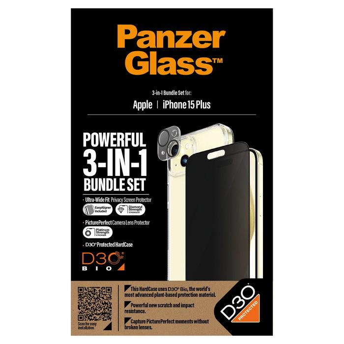 PanzerGlass Protector de Pantalla Vidrio Templado 9H para iPhone 15 Plus - Kit 3 en 1 con Aplicación en Seco, Resistente a Golpes y Anti-huellas
