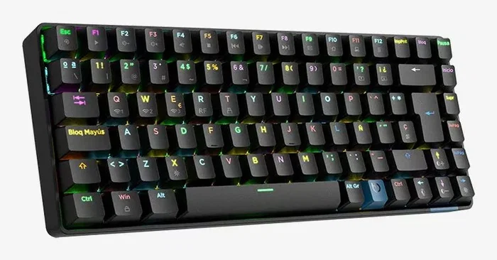 Hiditec GKE010005 GM1K Teclado Gaming Mecánico 75% Inalámbrico Triple (Bluetooth 5.0/2.4GHz/USB-C) con Hot-Swap, Switches Gateron Pro Red y Keycaps ABS, QWERTY Español, Negro