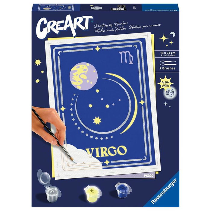 Ravensburger CreArt Trend D Zodiac: Virgo - Kit de Pintura por Números con Efecto Brilla en la Oscuridad, 18 x 24 cm, Incluye Lienzo, Pinturas y Pinceles Ravensburger CreArt Trend D Zodiac: Virgo - Kit de Pintura por Números con Efecto Brilla en la Oscuridad, 18 x 24 cm, Incluye Lienzo, Pinturas y Pinceles