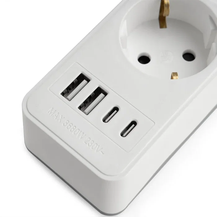 Orbegozo EN 3100 Regleta Eléctrica con Interruptor, 3 Tomas de Corriente y 4 Puertos USB (2x USB-A, 2x USB-C), Cable 1.4m, Blanca