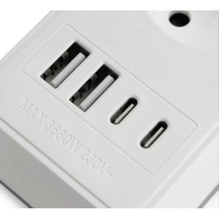 Orbegozo EN 3100 Regleta con 3 Tomas de Corriente, 2 USB-A, 2 USB Tipo-C, Cable 1.4m, Blanca