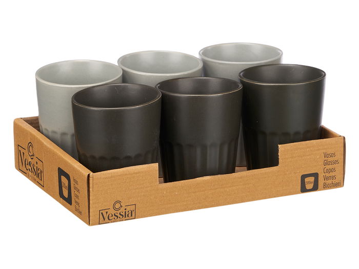Vessia Vaso Café con Leche Surtidos Gris y Negro 300 ml Cerámica Loza Mate 8x8x10 cm (Set de 24)