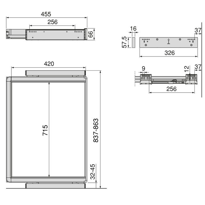 Emuca Bastidor con guías de cierre suave y extracción total para accesorios de armario Quartz, 837-863mm, Aluminio y Plástico, Titanio