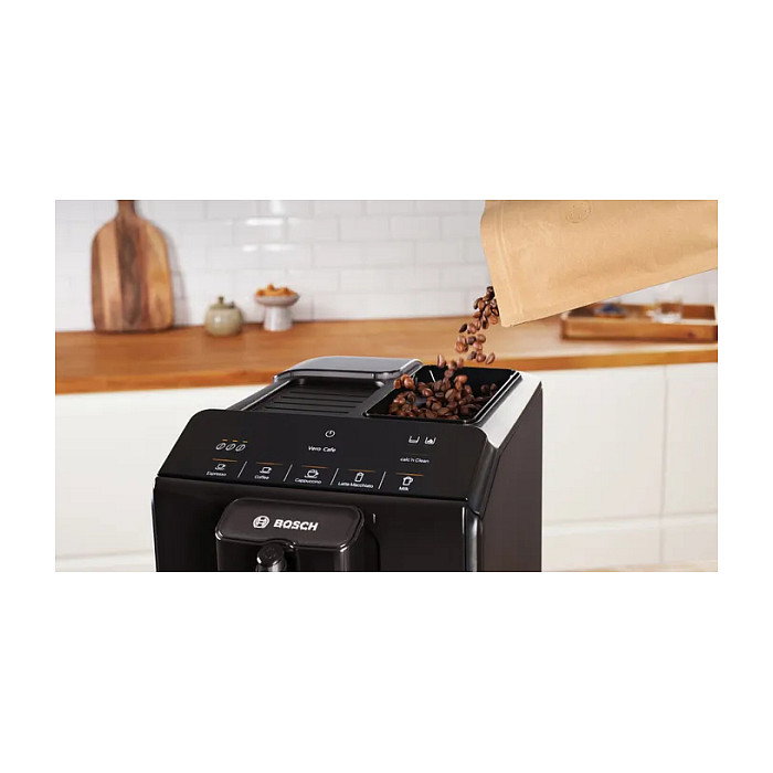 Bosch TIE20109 Máquina de Café Espresso Automática Serie 2 con Molinillo Integrado, 15 Bar, Espumador de Leche, Depósito 1.4L, para Granos de Café, Negro, 1300W