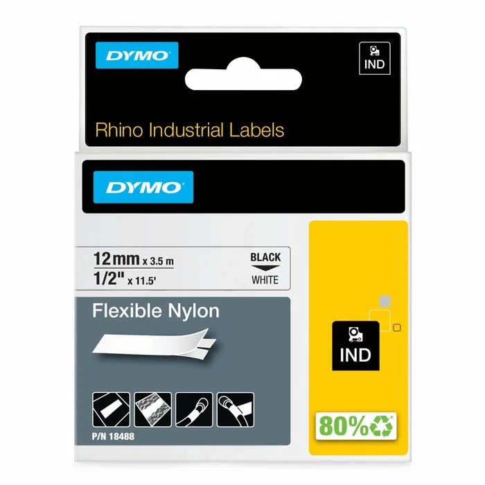 Dymo Cinta de Etiquetas Industrial Rhino Nylon Flexible 12mm x 3,5m Negro sobre Blanco