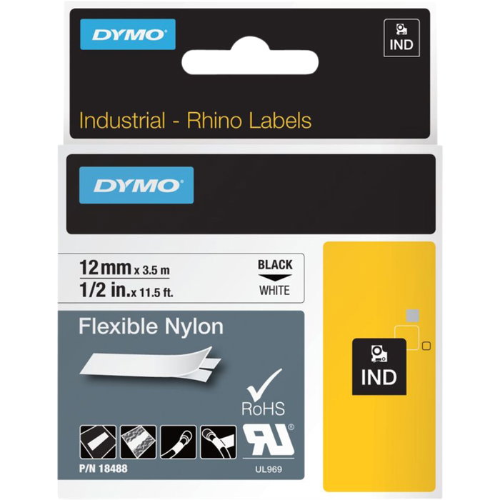 Dymo Rhino Cinta de Etiquetas de Nylon Flexible 12 mm x 3,5 m Negro sobre Blanco Dymo Rhino Cinta de Etiquetas de Nylon Flexible 12 mm x 3,5 m Negro sobre Blanco