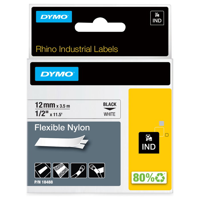 Dymo Rhino Cinta de Etiquetas Industrial de Nylon 12 mm x 3,5 m Negro sobre Blanco