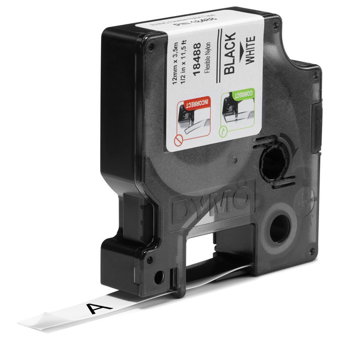 Dymo Rhino Cinta de Etiquetas Industrial de Nylon 12 mm x 3,5 m Negro sobre Blanco