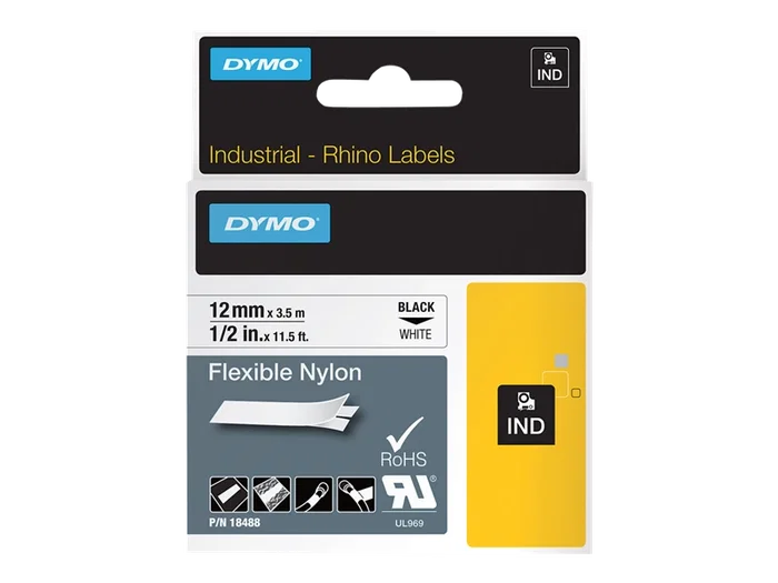 Dymo Rhino Cinta de Etiquetas de Nylon Flexible 12 mm x 3,5 m Negro sobre Blanco Dymo Rhino Cinta de Etiquetas de Nylon Flexible 12 mm x 3,5 m Negro sobre Blanco