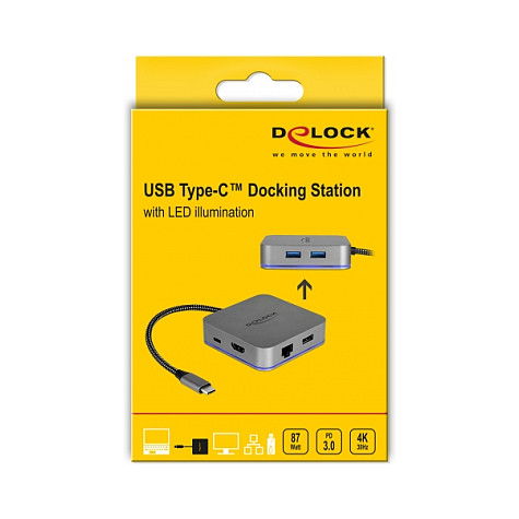 DeLOCK 87742 USB-C Hub Docking Station para Tabletas - 4K HDMI, Gigabit LAN, 3 Puertos USB 3.0, Power Delivery 3.0 con LED, Gris Metal