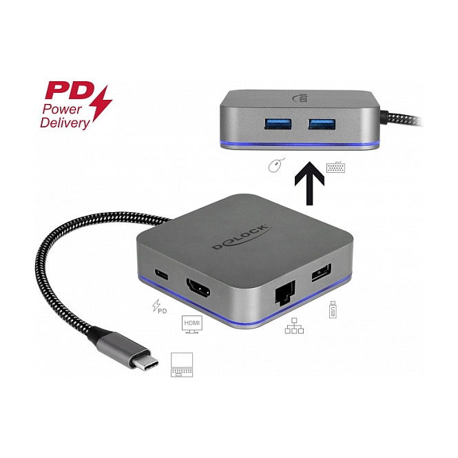 DeLOCK 87742 USB-C Hub Docking Station para Tabletas - 4K HDMI, Gigabit LAN, 3 Puertos USB 3.0, Power Delivery 3.0 con LED, Gris Metal