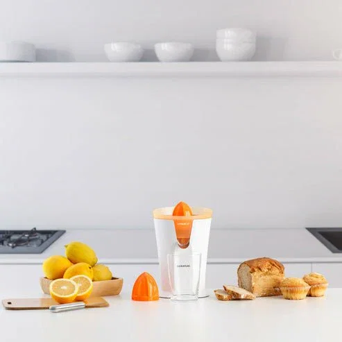 Taurus CITRUS UP Exprimidor de cítricos eléctrico para vasos altos, vertido continuo, 0.2L, 40W, 2 conos, color Naranja y Blanco