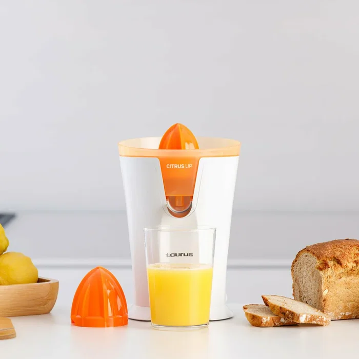 Taurus CITRUS UP Exprimidor de cítricos eléctrico para vasos altos, vertido continuo, 0.2L, 40W, 2 conos, color Naranja y Blanco