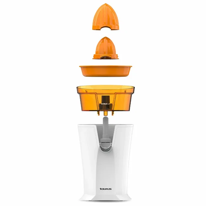 Taurus CITRUS UP Exprimidor de cítricos eléctrico para vasos altos, vertido continuo, 0.2L, 40W, 2 conos, color Naranja y Blanco