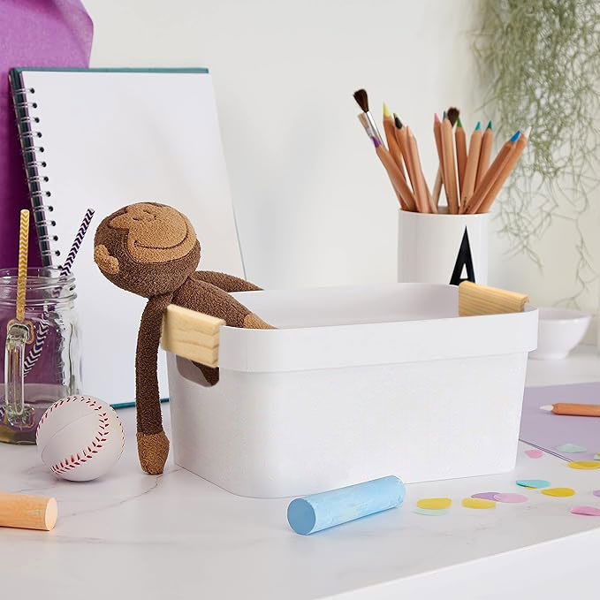 Inde Cesta Multiusos de Plástico con Asas de Madera, 26.8 cm x 17.3 cm x 12.6 cm (24 Unidades)