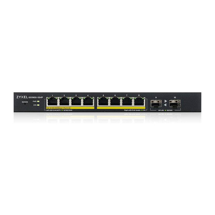 Zyxel GS1900-10HP V2 Switch Gestionado L2 Gigabit con 8 Puertos PoE+ (802.3at), 2 SFP, Presupuesto PoE 77W, 20 Gbit/s, Montaje Pared Zyxel GS1900-10HP V2 Switch Gestionado L2 Gigabit con 8 Puertos PoE+ (802.3at), 2 SFP, Presupuesto PoE 77W, 20 Gbit/s, Montaje Pared