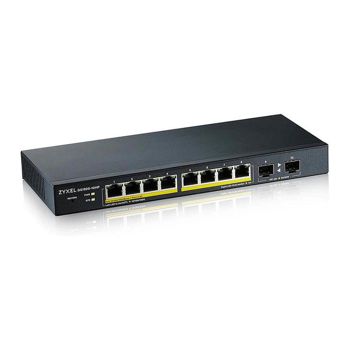 Zyxel GS1900-10HP V2 Switch Gestionado L2 Gigabit con 8 Puertos PoE+ (802.3at), 2 SFP, Presupuesto PoE 77W, 20 Gbit/s, Montaje Pared Zyxel GS1900-10HP V2 Switch Gestionado L2 Gigabit con 8 Puertos PoE+ (802.3at), 2 SFP, Presupuesto PoE 77W, 20 Gbit/s, Montaje Pared
