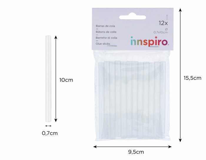 Innspiro Pack de 12 barras de silicona termofusible 0,7x10cm para pistola