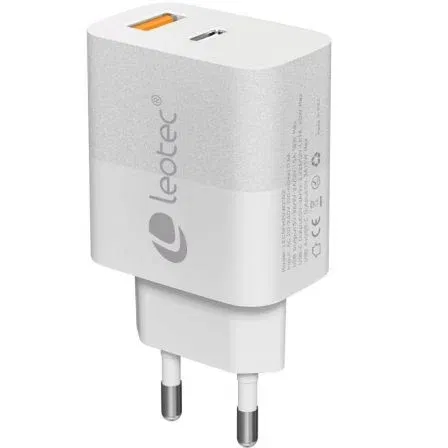 Leotec LECSPH20W2W2 Cargador Pared 20W USB-C PD + USB-A, Carga Rápida, Compacto, Internacional
