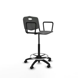 Taburete Robledo con mecanismo Giratorio de PVC color Gris oscuro. Equipado con Base poliamida negra, Brazos fijos y Ruedas de parqué