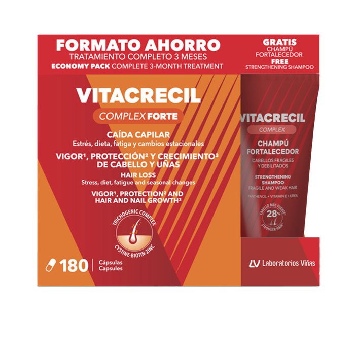 Vitacrecil Complex Forte Cápsulas + Champú 2 u - Suplemento para Cabello y Uñas con L-Cistina, Biotina, Hierro y Zinc, 1000 mg de L-Cistina por Dosis Vitacrecil Complex Forte Cápsulas + Champú 2 u - Suplemento para Cabello y Uñas con L-Cistina, Biotina, Hierro y Zinc, 1000 mg de L-Cistina por Dosis