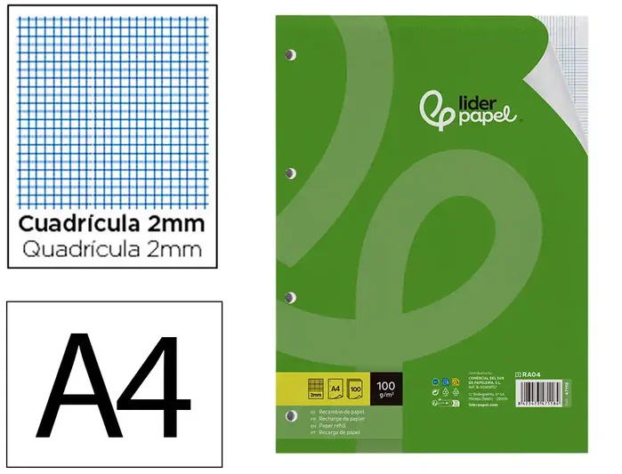 Liderpapel Recambio A4 100 Hojas Milimetrado 2mm 4 Taladros Liderpapel Recambio A4 100 Hojas Milimetrado 2mm 4 Taladros