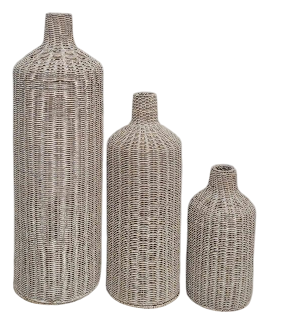 DKD Home Decor Jarrón Blanco Roto Ratán Metal 25 x 81 x 25 cm Set de 3