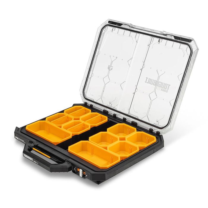 Toughbuilt Stacktech Organizador de Bajo Perfil con 10 Contenedores y 4 Separadores, 53 x 40.5 x 10 cm, Negro, IP65, Autobloqueo