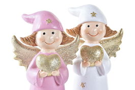 DKD Home Decor Figura Navidad Tradicional Porcelana Angel Blanco Rosa 5 x 14 x 7 cm (2 Unidades)