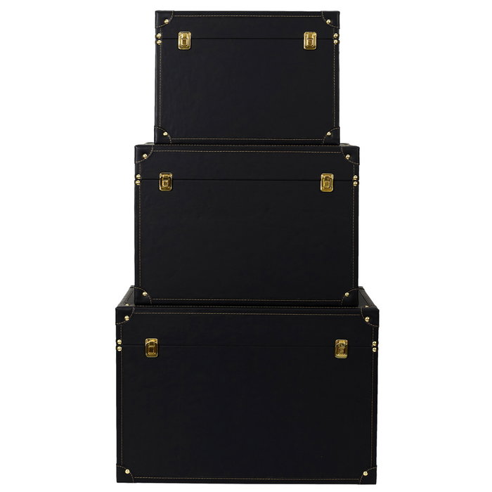 Home Deco Factory Juego De 3 Cajas-Baúl Negro-Oro Decorativas Modernas 56x29x38 cm