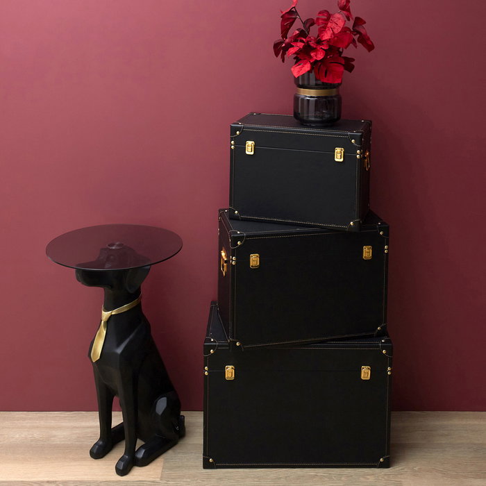 Home Deco Factory Juego De 3 Cajas-Baúl Negro-Oro Decorativas Modernas 56x29x38 cm