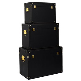 Home Deco Factory Juego De 3 Cajas-Baúl Negro-Oro Decorativas Modernas 56x29x38 cm