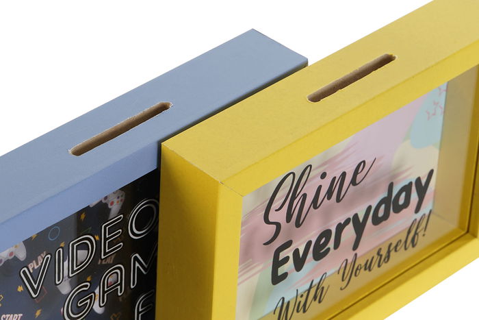 DKD Home Decor Hucha Infantil Azul Amarillo Multicolor MDF Cristal 17 x 3 x 12 cm (12 Unidades)