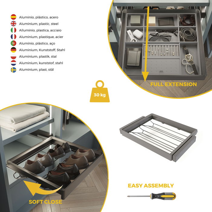 Emuca Kit de cajón zapatero y bastidor regulable Quartz para armarios, guías de cierre suave y extracción total, Módulo 70cm, Acabado Titanio