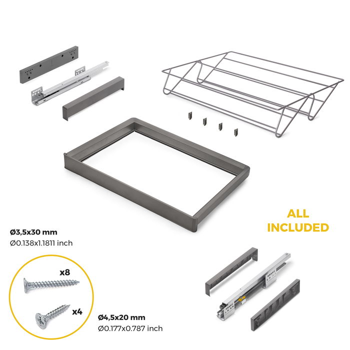 Emuca Kit de cajón zapatero y bastidor regulable Quartz para armarios, guías de cierre suave y extracción total, Módulo 70cm, Acabado Titanio