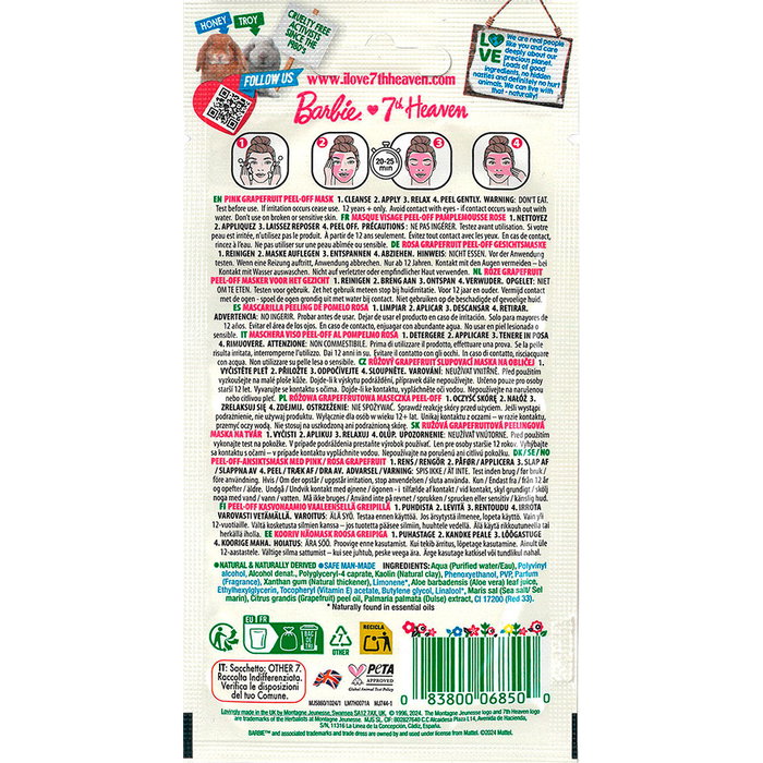 7Th Heaven Barbie Mascarilla Peel-Off Cuidado Facial Con Aloe Vera y Pomelo, 10 ml