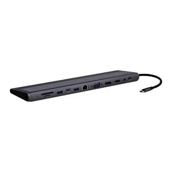 T'nB DSMST12 Docking Station USB-C 11-en.1 con Triple Pantalla, Ethernet, 3x USB 3.2, HDMI, VGA, DisplayPort, Lector de Tarjetas - Negro