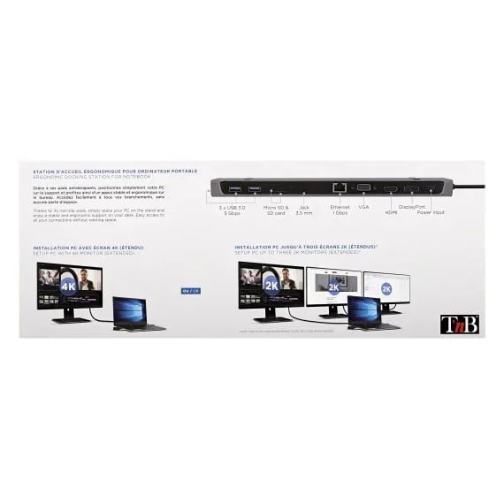 T'nB DSMST12 Docking Station USB-C 11-en.1 con Triple Pantalla, Ethernet, 3x USB 3.2, HDMI, VGA, DisplayPort, Lector de Tarjetas - Negro