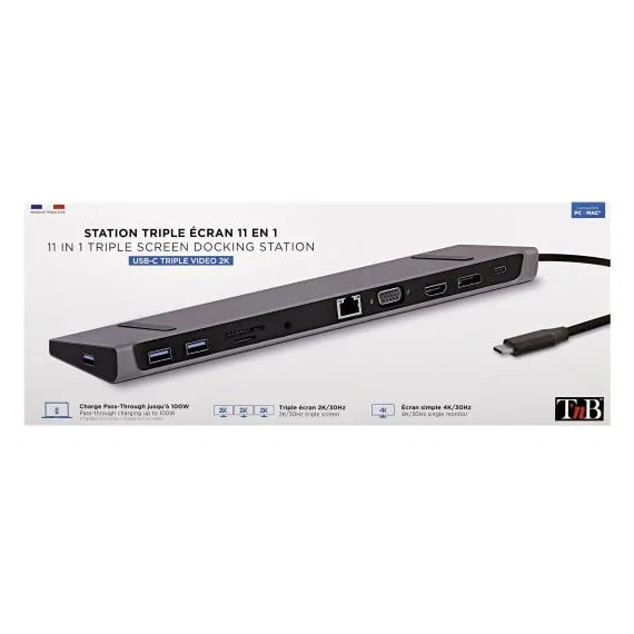 T'nB DSMST12 Docking Station USB-C 11-en.1 con Triple Pantalla, Ethernet, 3x USB 3.2, HDMI, VGA, DisplayPort, Lector de Tarjetas - Negro