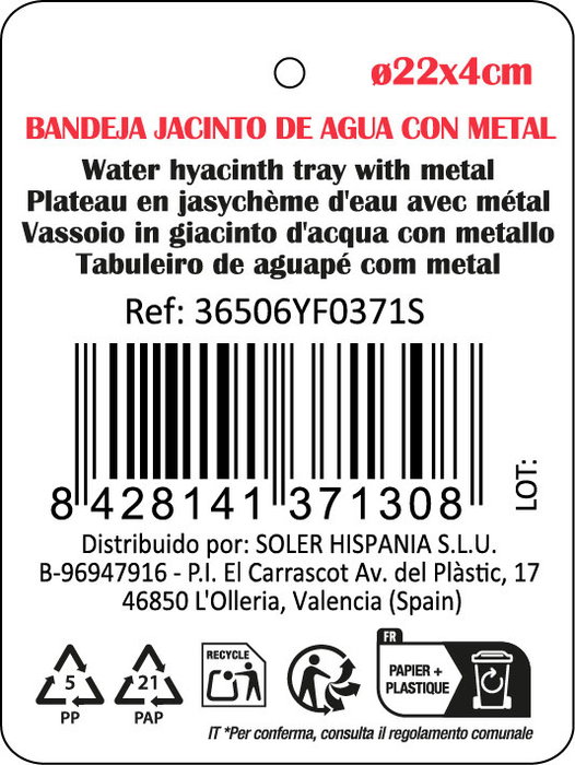 Inde Bandeja Jacinto De Agua Red. ø22x4cm con Metal