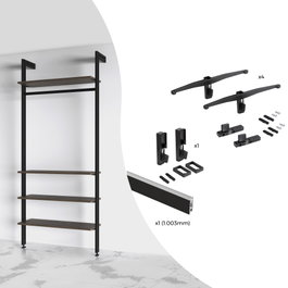 Emuca Kit de soportes para 4 estantes de madera y 1 barra de colgar de longitud 1m Zero, Aluminio y Zamak y Plástico, Pintado color negro texturizado