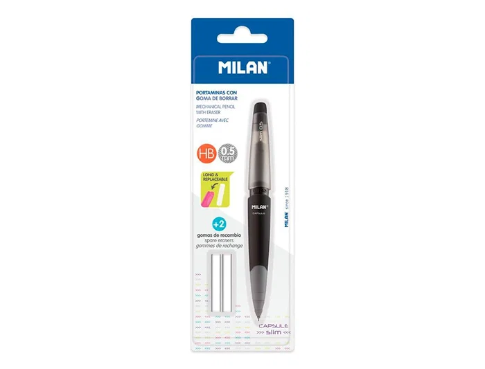Milan Portaminas Capsule Slim 0,5 mm + 2 Recambios Goma Blister Color Surtido