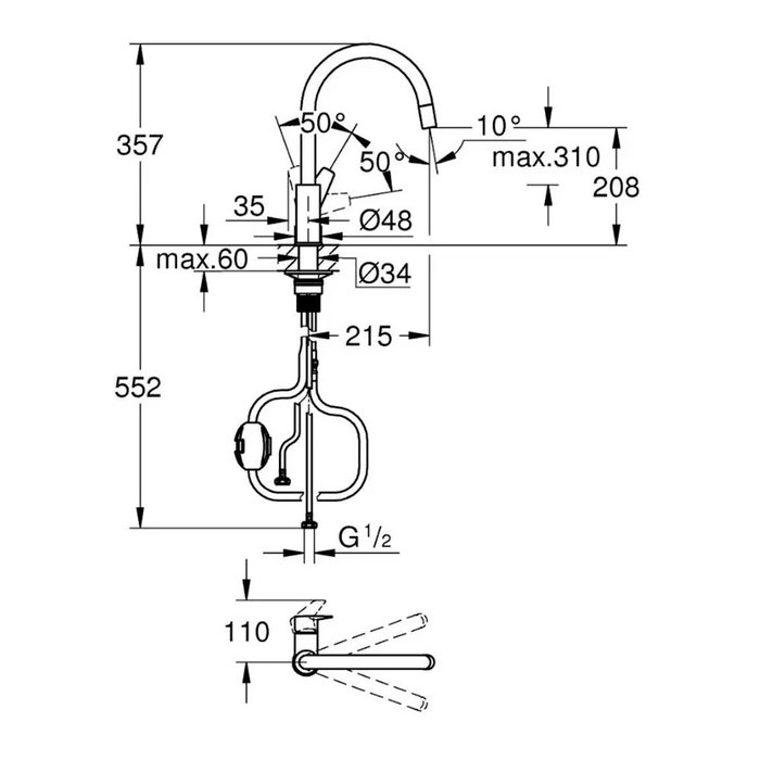Grohe Grifo monomando de cocina Start edge con caño alto extraíble