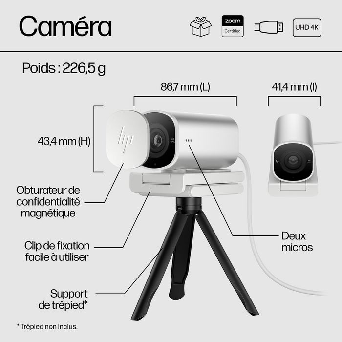 HP 960 Webcam de Streaming 4K para Videollamadas y Contenido en Vivo con Ajustes Automáticos