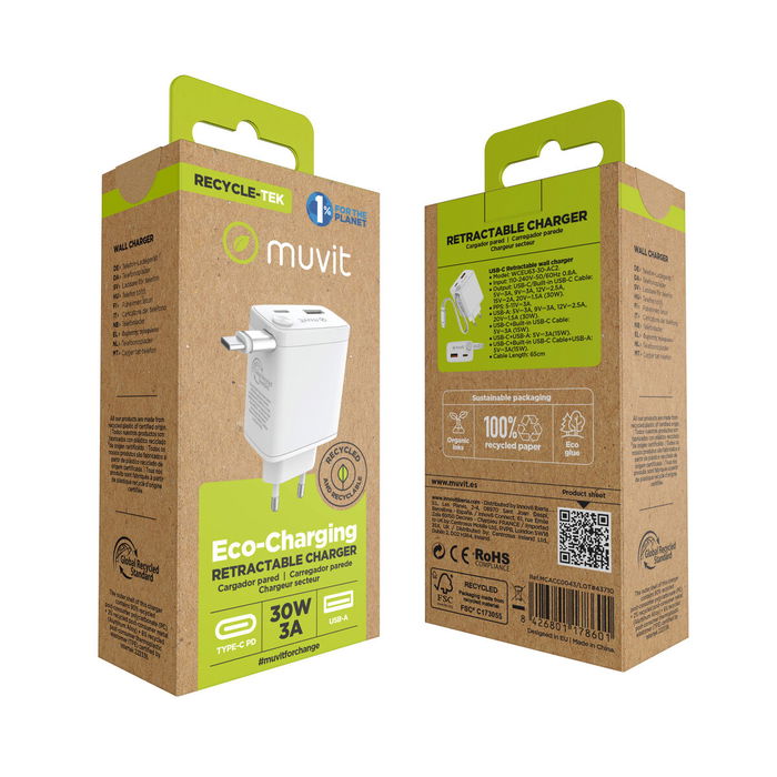 muvit for change cargador de pared Retráctil Tipo C PD 30W blanco