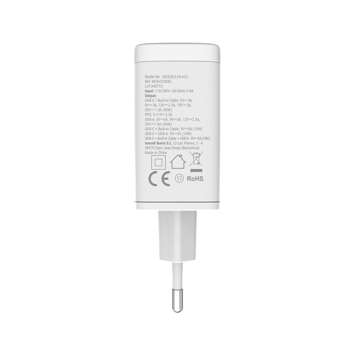 muvit for change cargador de pared Retráctil Tipo C PD 30W blanco